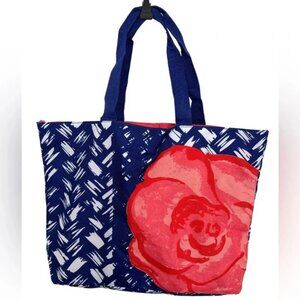 Floral Canvas Tote Bag Blue and Red